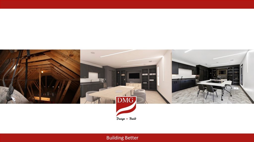 picture of home addition before, rendering, and after