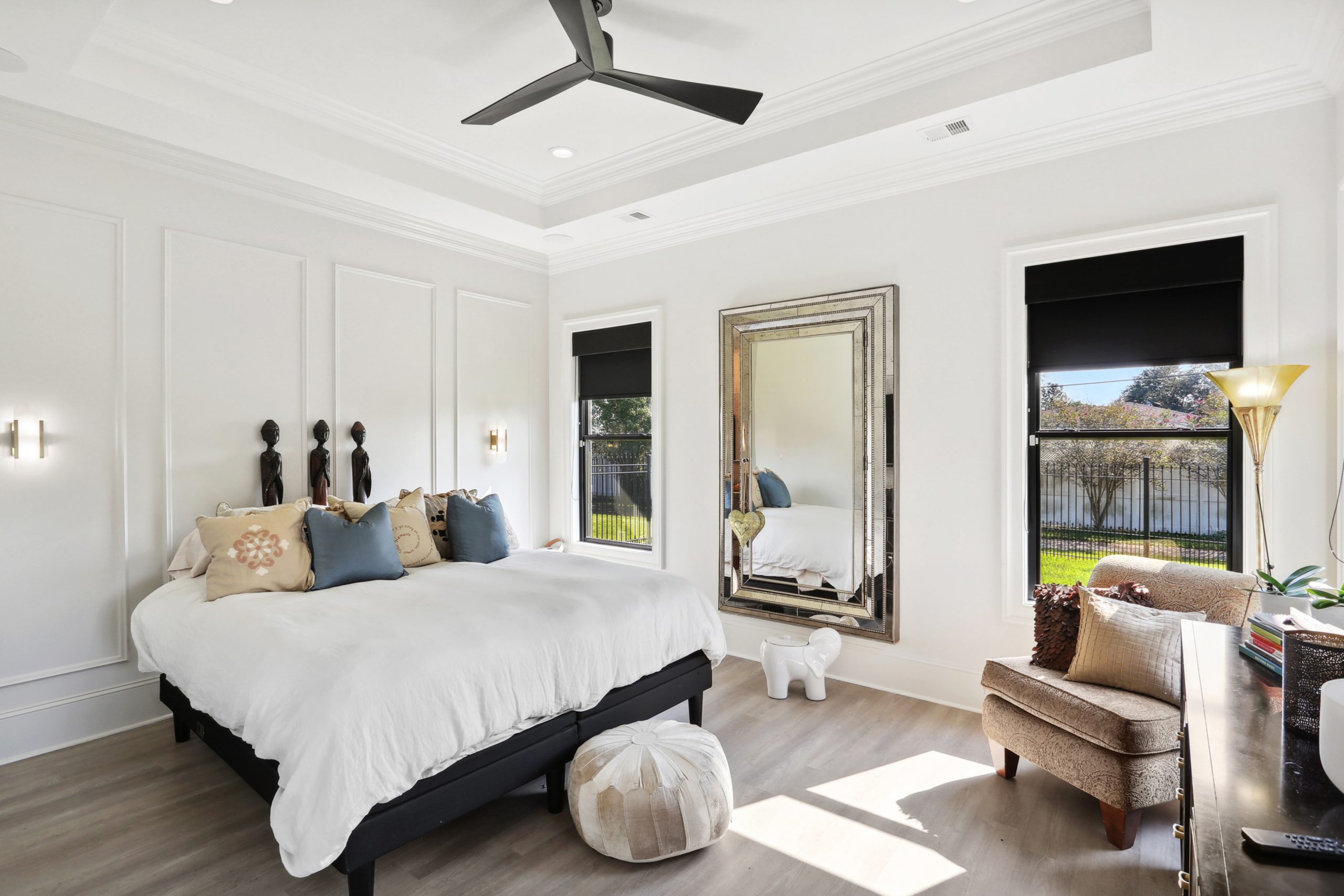 Furnished bedroom in Dogwood House luxury new construction custom home designed and built by DMG