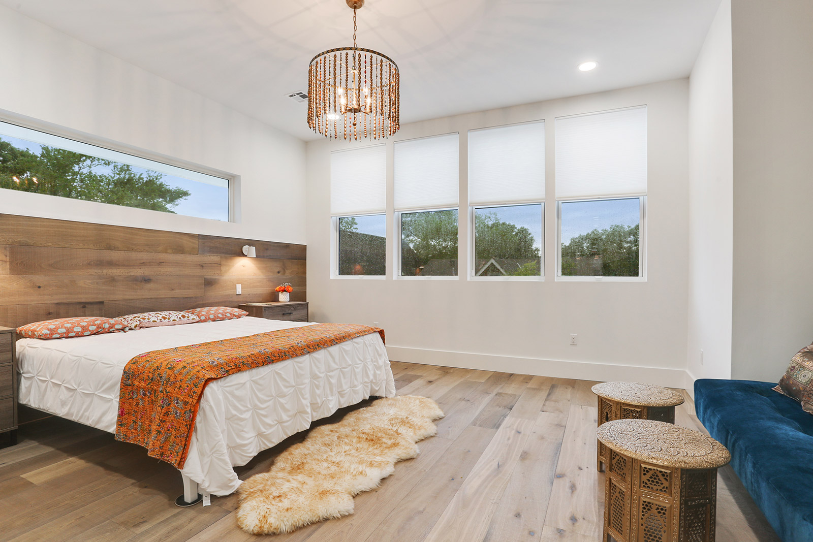 Primary Bedroom in Elmeer House luxury new construction custom home designed and built by DMG Design+Build