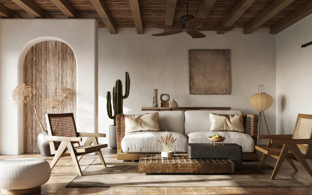 rustic southwest style living room with natural rattan accents